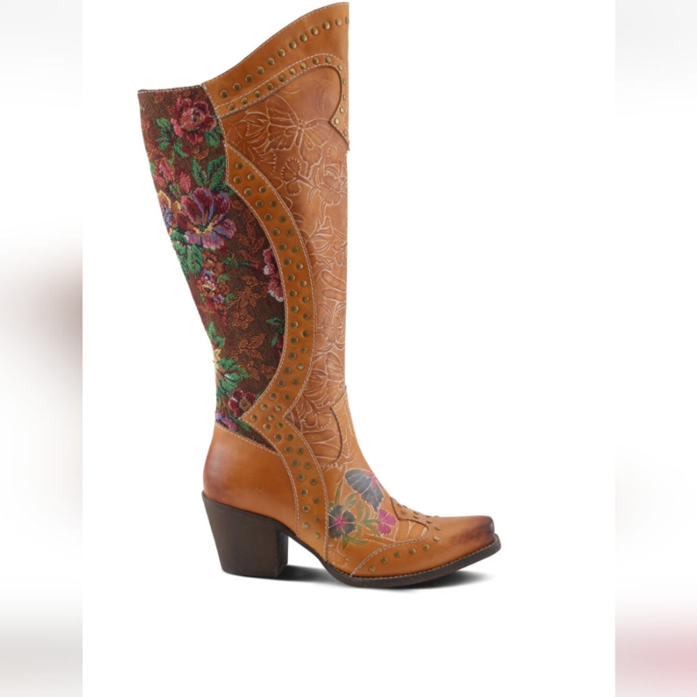 Floral Embroidered Tan Knee-High Cowboy Boots By L'artiste